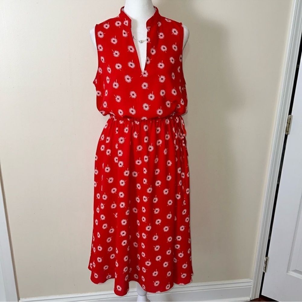 Anne Klein 10 Red Floral Yoke V-Neck Sleeveless Drop Waist Belted Midi Dress